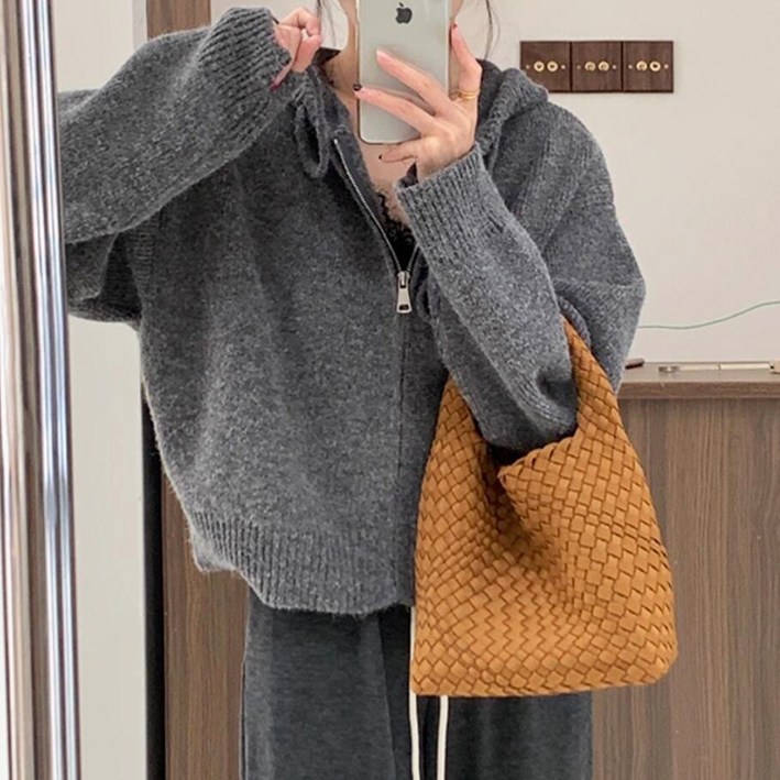 메이킹유 휘뚜마뚜촘촘짜임 기본템 데일리 꾸안꾸 베이직 긴팔 니트 후드 집업 세미크롭 스트링 여리핏 루즈핏 캐주얼 WA05238르본니트후드집업