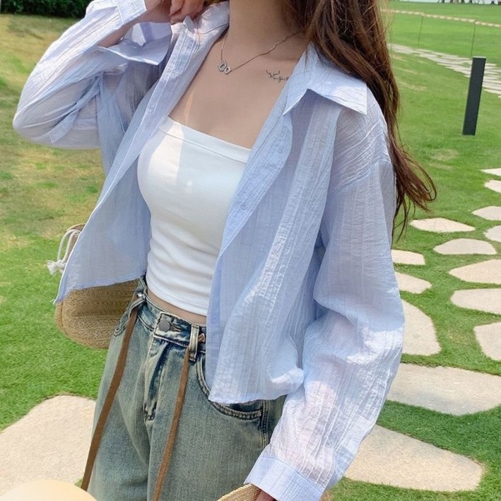 해피유통  여성 봄여름 얇은 면혼방 셔츠넥 오픈형 긴팔 루즈핏 크롭 상의bhf