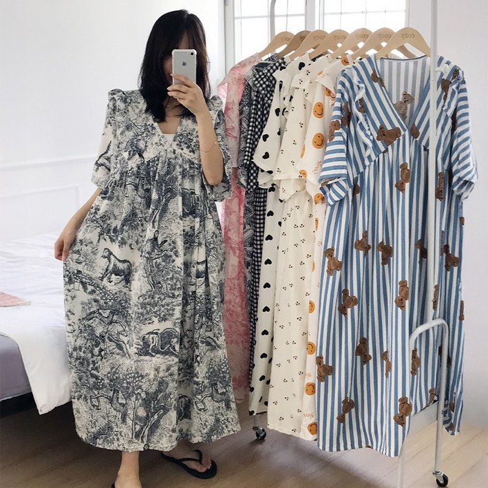 미야미 44120 빅사이즈 뜨왈 빅사이즈 감성 오버핏 파자마 홈웨어 원피스 임부복