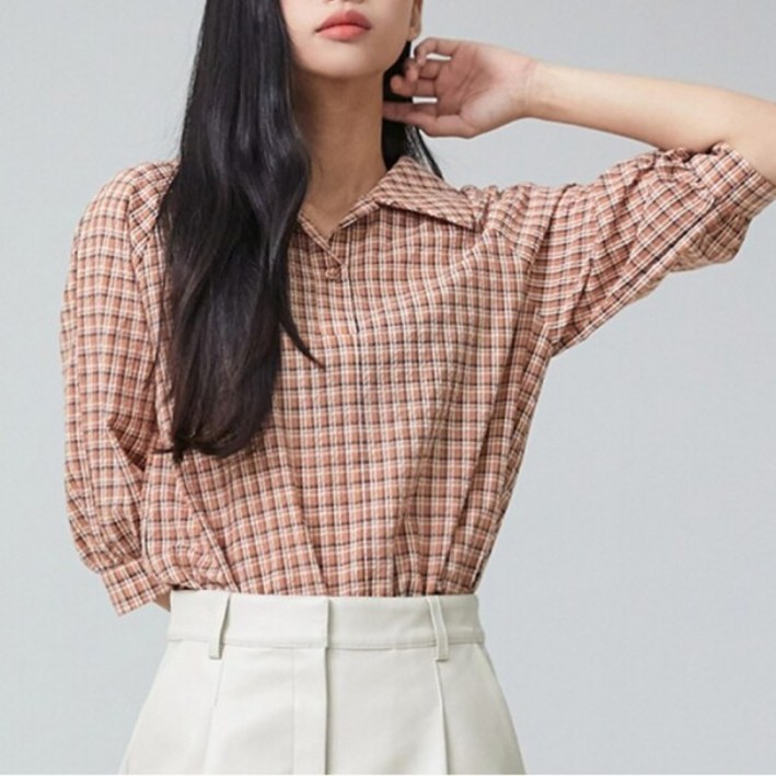 미쏘 조직감 체크 블라우스 (MIWBLC827G-T)