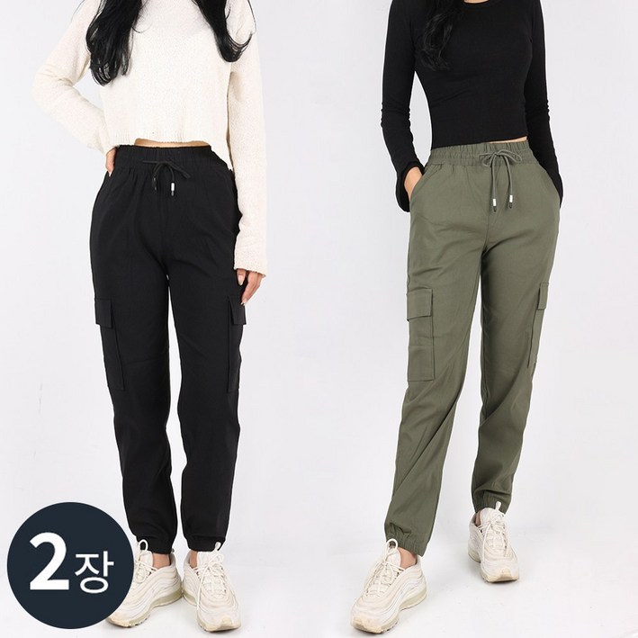 1+1 C여성면스판조거팬츠 여자 여성 카고 조거 밴딩 포켓 스판 코튼 나일론 데일리 팬츠 빅사이즈 단체