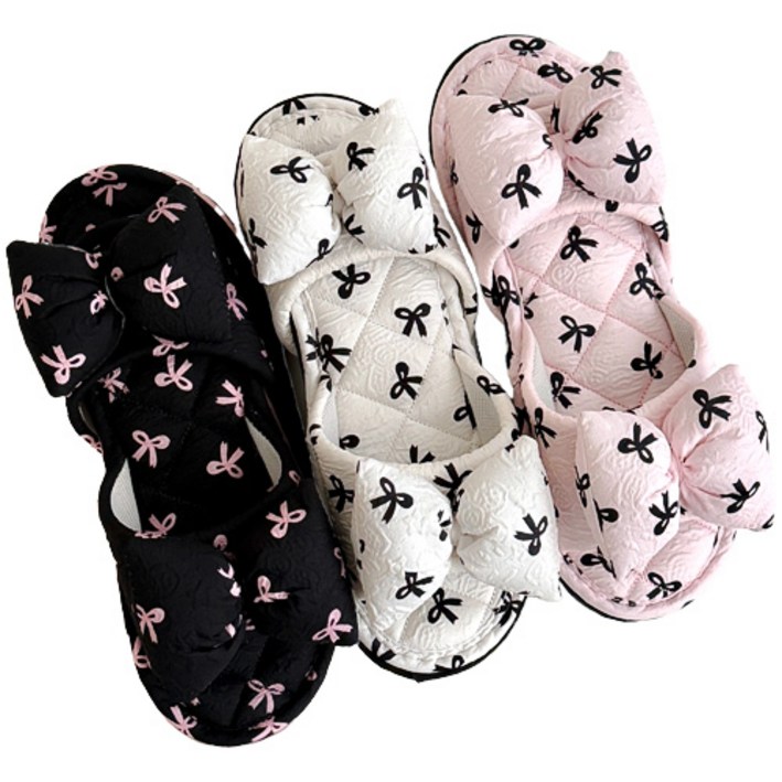 메종드리빙 세탁가능한 3중쿠션 층간소음방지 미끄럼방지 퀼팅 푹신한 거실 면실내화 빅리본 3켤레세트