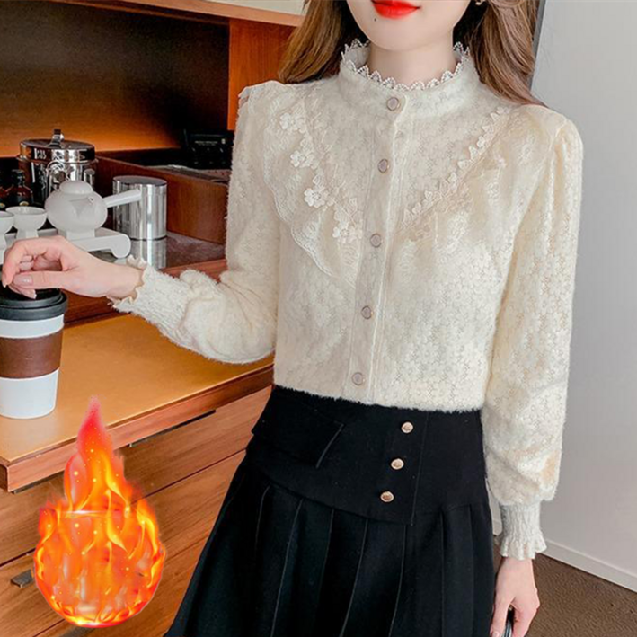 TKX 여성용 레이스 장식 긴팔 기모 블라우스 두꺼운 빅사이즈 베이직 졸업식