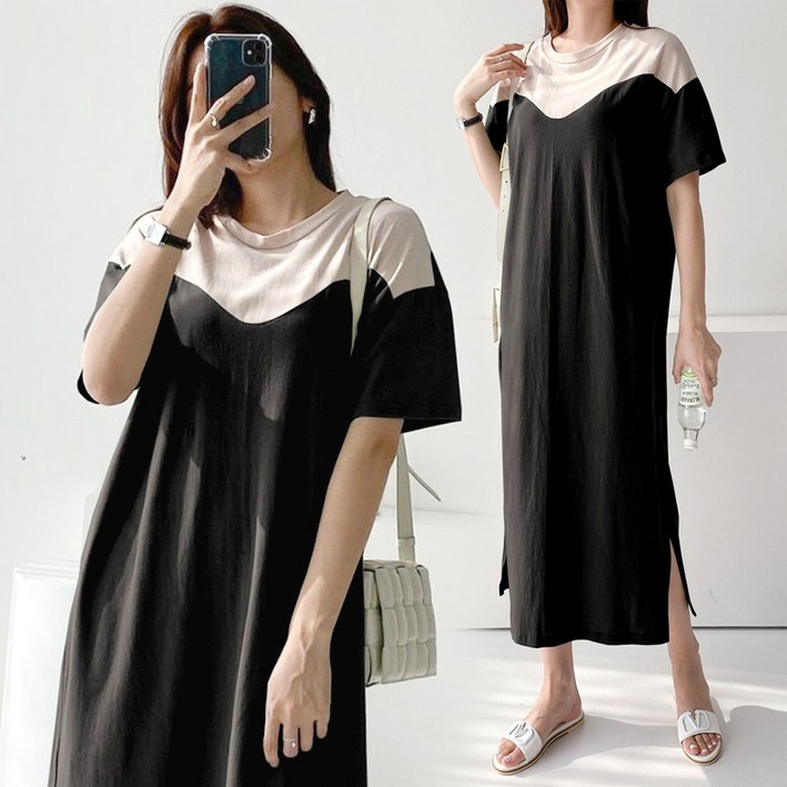 와일드펫 여성 포메 배색 찰랑 롱 원피스 박스핏 루즈핏