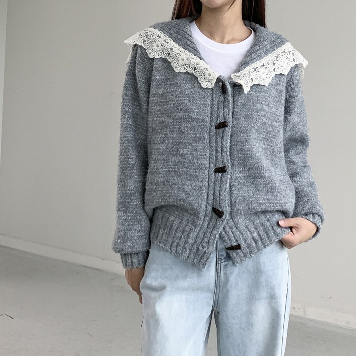 [행복여] 레이스 세라 카라 떡볶이 단추 니트 가디건