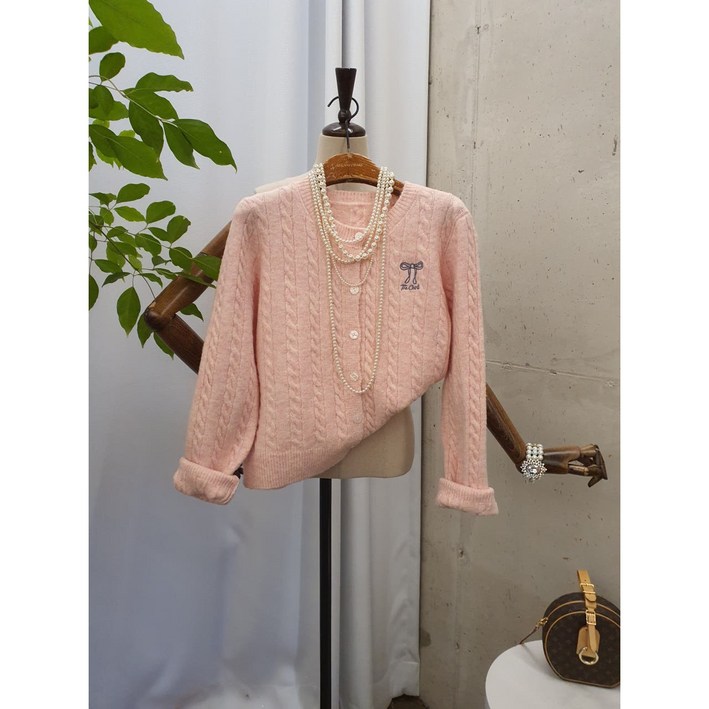 봄신상 무배 앙미쥬 리본 자수 꽈배기 라운드 니트 가디건