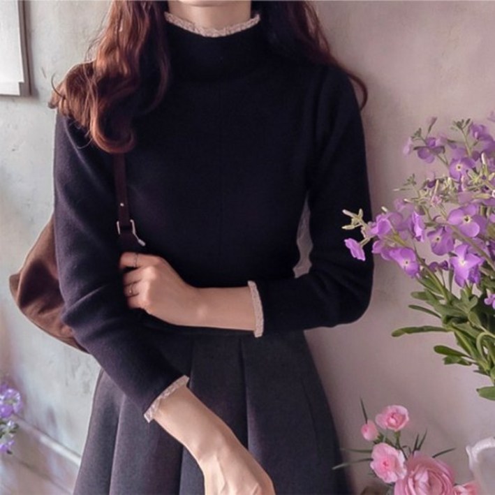 리린 피가로 레이스배색 쫀득신축 부드런 반폴라 니트 3color 2616857