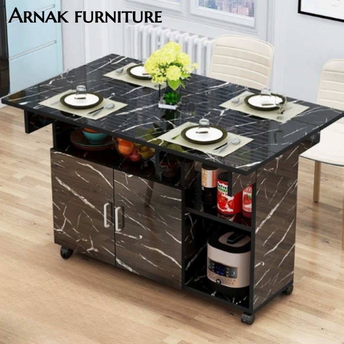 아르나크 다용도 아일랜드 식탁 접이식 홈바 4인용 테이블 조리대 주방 수납장, 블랙마블 패턴