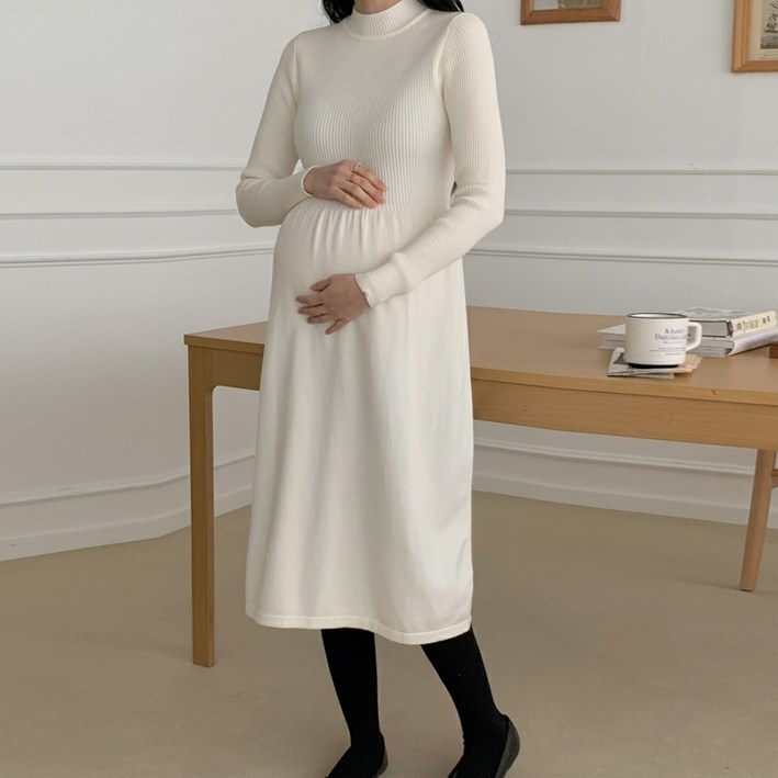 [당일출고] 수엠W 임산부 모크넥 A라인 니트 롱원피스 임신초기 만삭 하객룩 B082 로지니트원피스