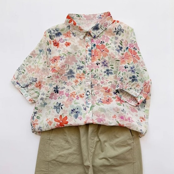 여성 100코튼 플라워 반팔 셔츠 루즈핏 여름용 카라넥 반팔 블라우스 기본