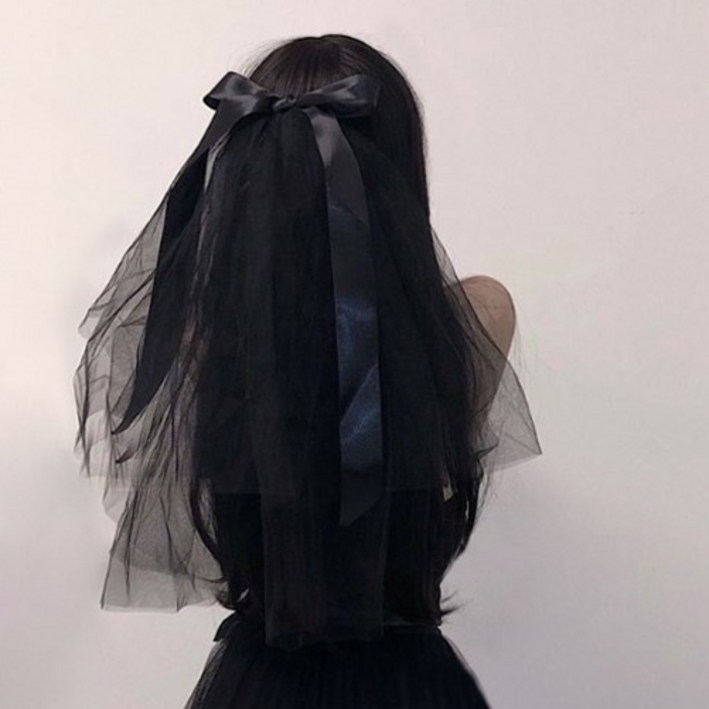 메리크라운 베일 블랙 검정 리본 2단 숏베일 캐쥬얼 면사포 셀프웨딩 촬영 웨딩소품, 블랙, 1개