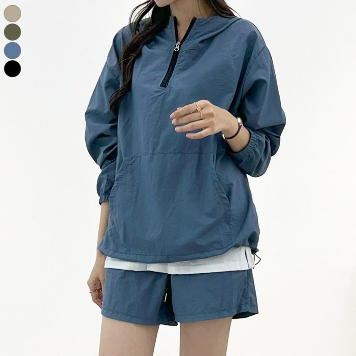 블레스유 남여공용 오버핏 아노락 후드 긴팔집업 세트 셋업 여름 커플 트레이닝 세트 트레이닝 긴팔 반바지 운동복 상의 하의 바스락 반팔 반바지 츄리닝 세트