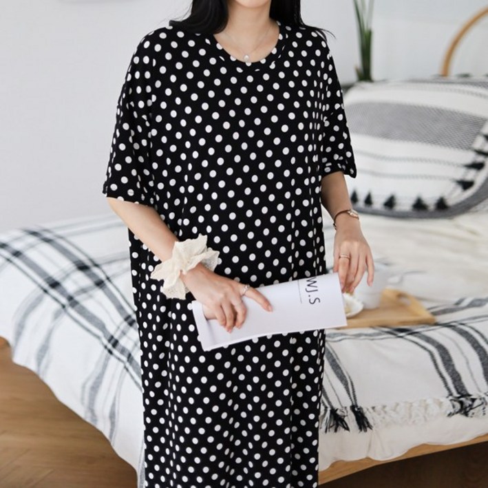 봉봉스토리 마셀 도트 여성 반팔 롱원피스 루즈핏 데일리 땡땡이