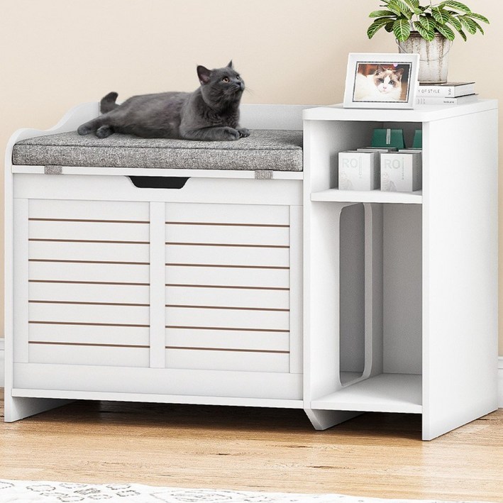 가르브이 미로형 원목 고양이 화장실 방석 쿠션 포함, 1개, 화이트