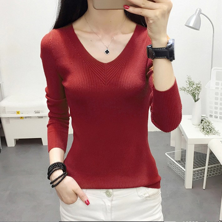 레몬소울 여성용 리지 골지 브이넥 슬림 니트티