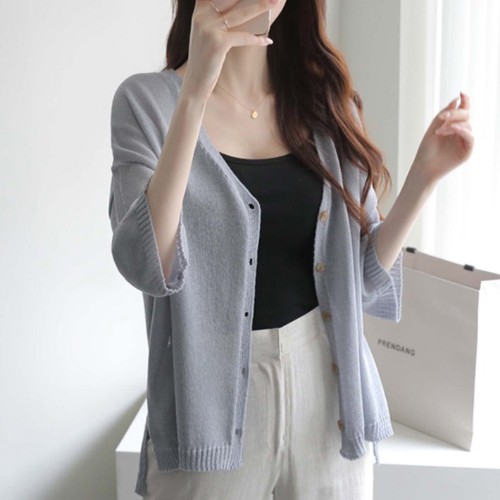 제니트 여성용 루즈핏 브이넥 7부 니트 가디건 라미언발 반팔 g1108