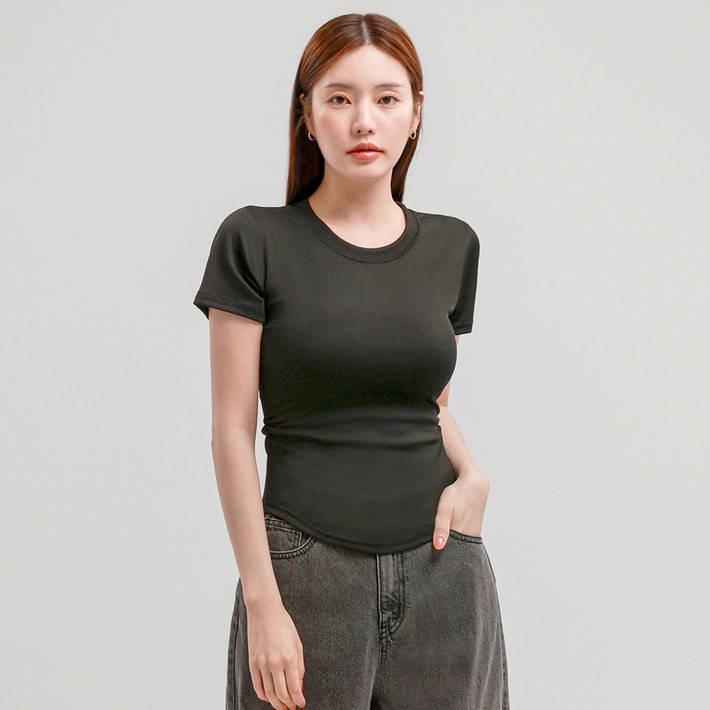 엘쏘 여성용 옆셔링 스판 슬림핏 라운드넥 반팔 티셔츠