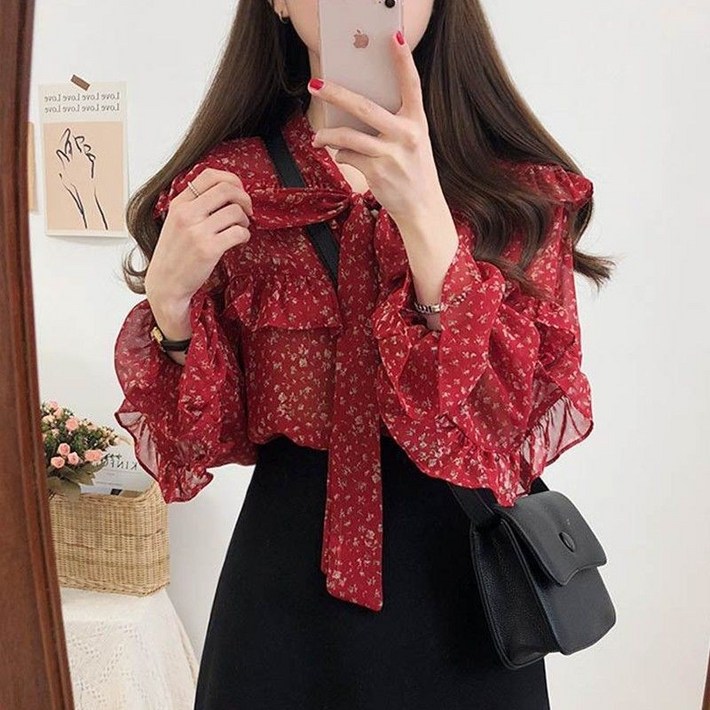 아이엠몽 여성용 레프리 프릴 쉬폰 플라워 블라우스