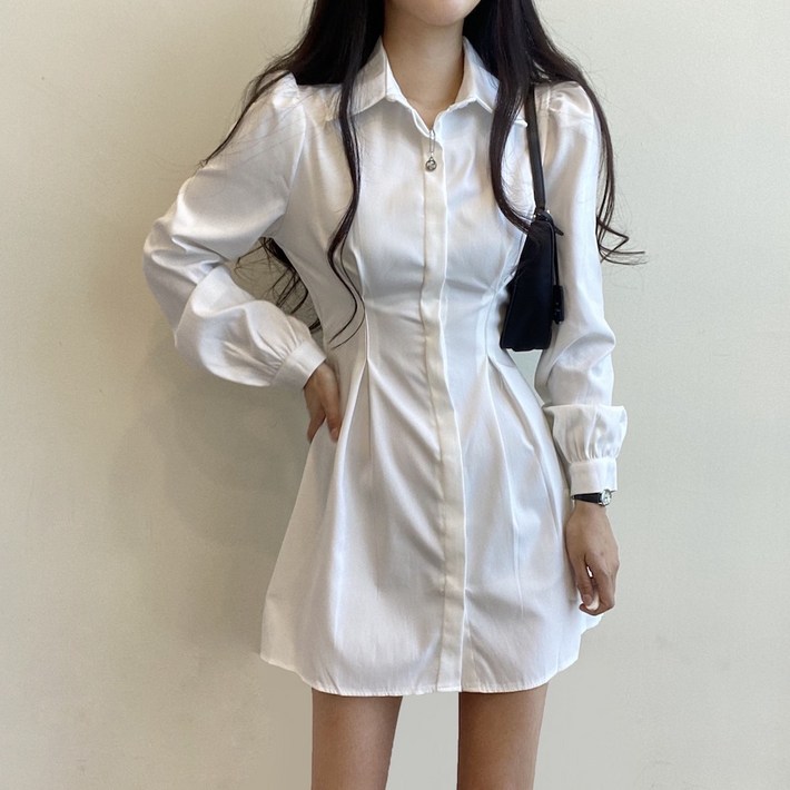 앤무드 베이직 핀턱 카라 셔츠 긴팔 미니 원피스