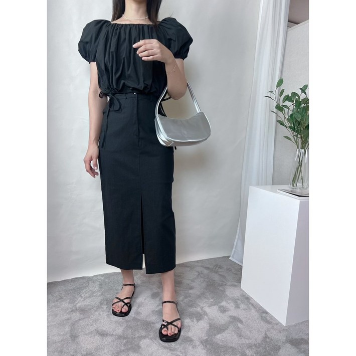 면 스판 H라인 밴딩 롱스커트 화이트베이지블랙