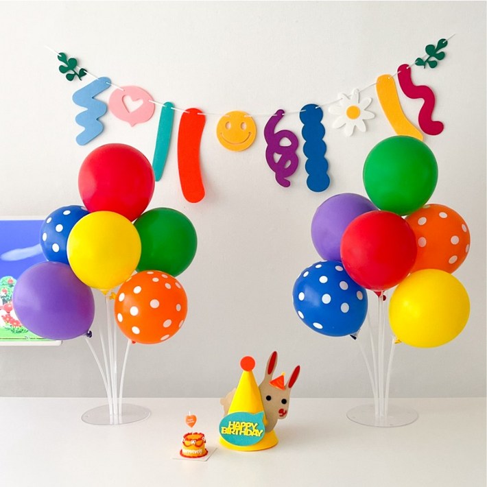 하피블리 알록달록 비비드 풍선 토끼 꼬깔 생일 파티 용품 세트, 생일가랜드알록달록풍선세트