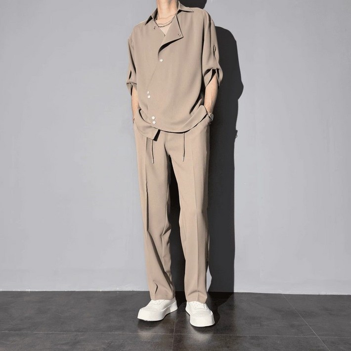 WEIHAN 남성 시원한 반팔 셋업  감성 무지 셔츠 와이드 팬츠  트렌디 여름용 코디