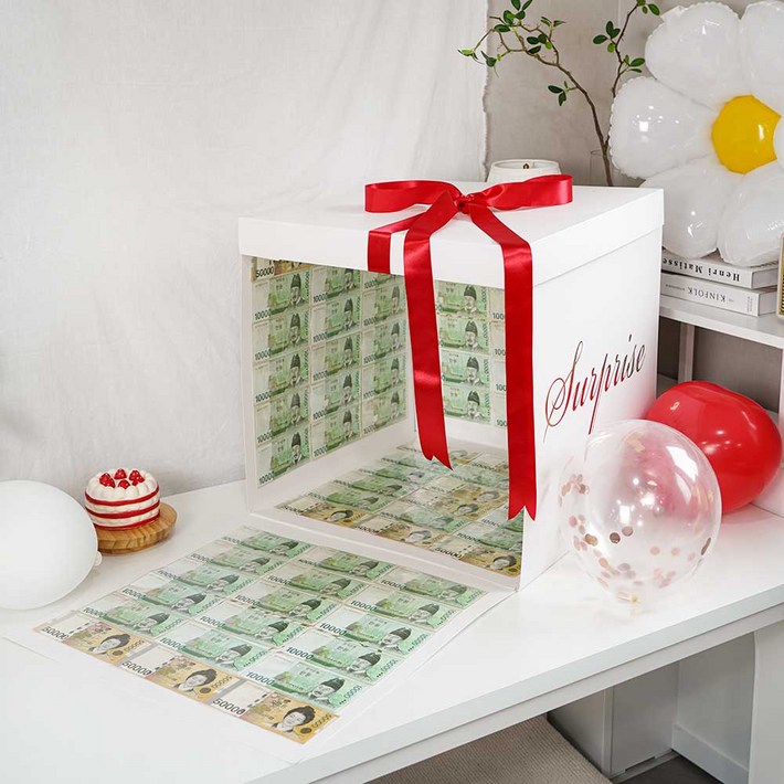 차렌시아 서프라이즈 반전 용돈 상자 50x50x50cm 대형 박스  지폐opp 100장 봉투 현금 이벤트 양면테이프 포함, 화이트박스