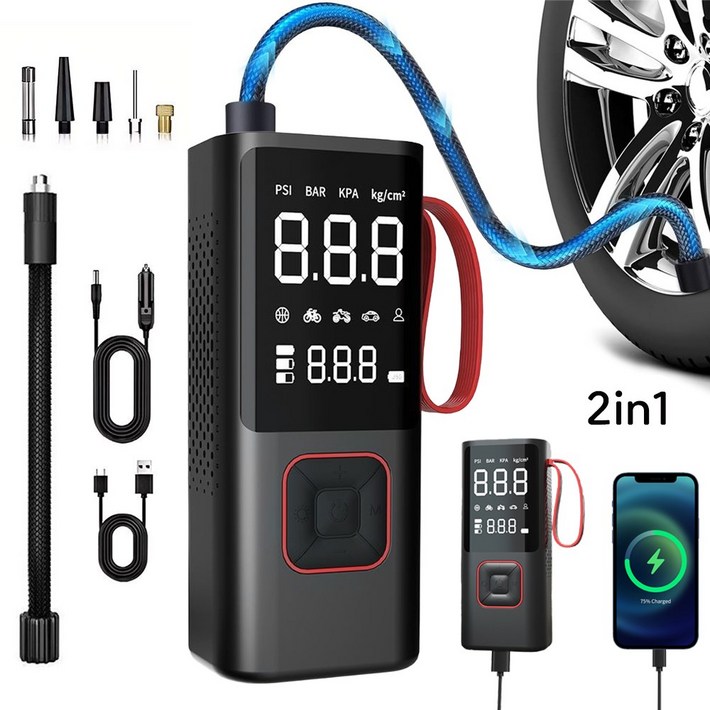 ZOZOFO 무선 에어 펌프 자동 공기압 주입기 긴급시동 보조배터리 6000mAh 대형배터리 타이어 압력 모니터링led손전등보조배터리자동차 농구공 자전거 오토바이 다용도에어펌