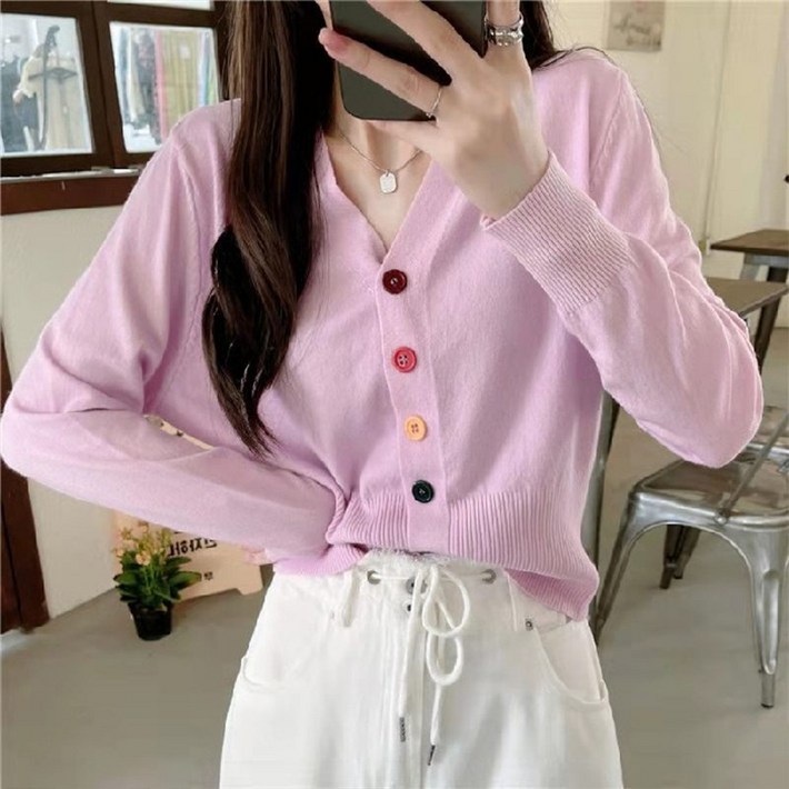 AOKADA 여성 브이넥 루즈핏 봄 가을 니트 가디건