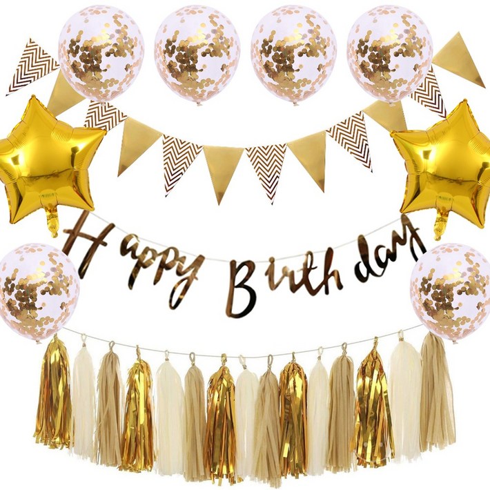 생일축하 가랜드 스타 은박 혼합풍선 테슬 골드 생일파티용품 세트 에브리띵스마일 1006, 1세트, 타입 1