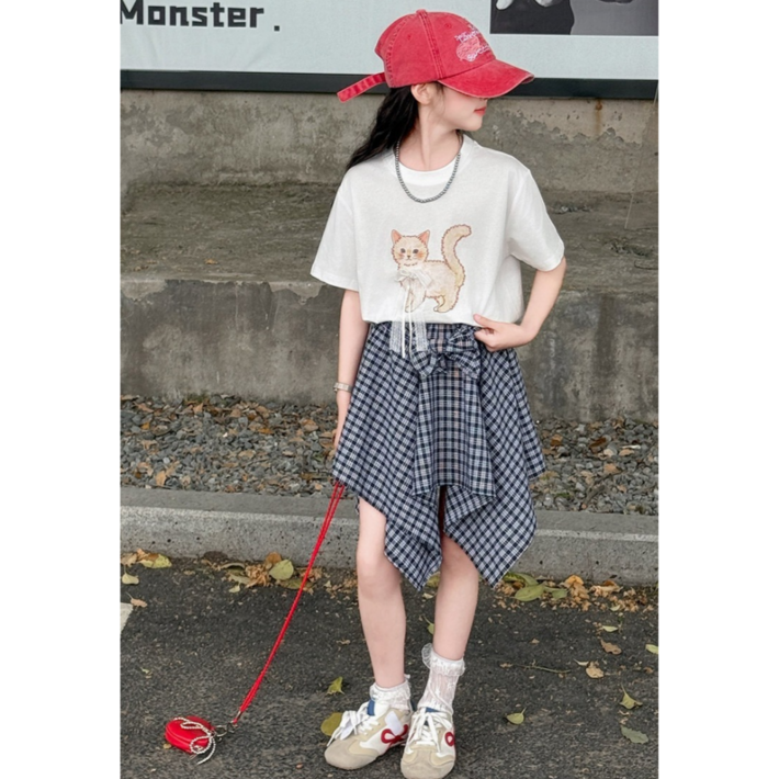 하와즈 야옹이 반팔티 체크무늬 언발 스커트 주니어 상하세트