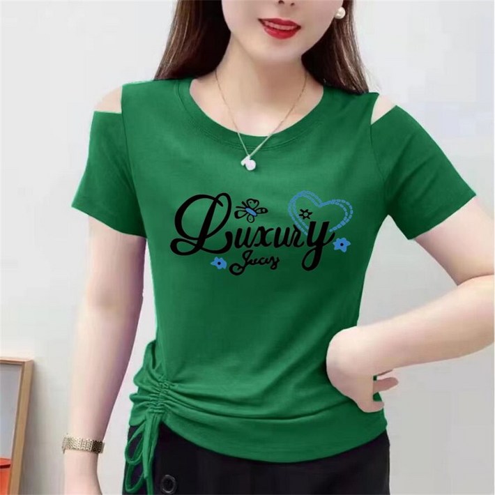 besteffie 여성용 여름 패션 반팔티셔츠 어깨 트임 스트링 장식 캐주얼 티셔츠 예쁜티셔츠 K95