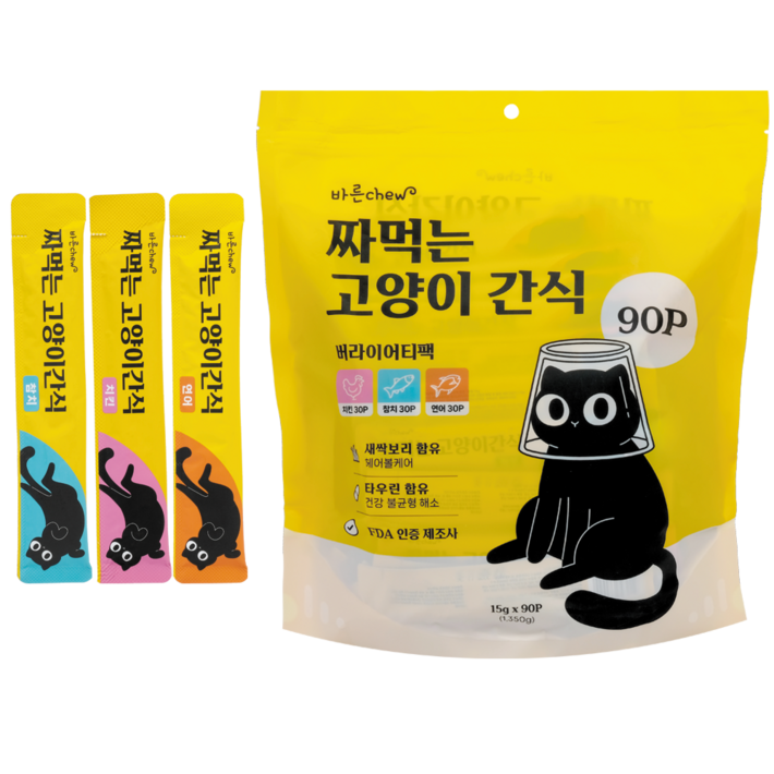바른츄 짜먹는 고양이 간식 90스틱 헤어볼, 90개, 15g, 치킨 30P참치 30P연어 30P