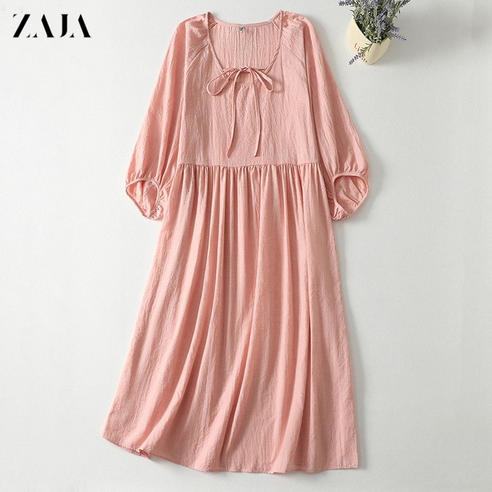 ZAJA 여성 루즈핏 면마 롱 원피스  봄 여름 칠부소매 단색