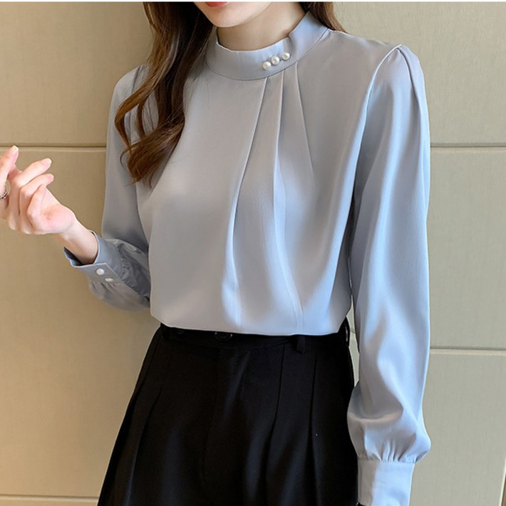 아이도스 여성 슬림핏 캐주얼 고급 패션 셔츠 새틴 쉬폰 긴팔 오피스 정장 블라우스 빅 사이즈