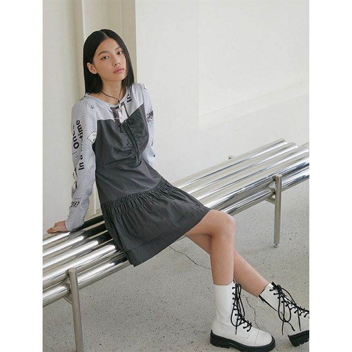 에고이스트 프린팅 소재 믹스 셔링 볼륨 원피스 ER1WO260