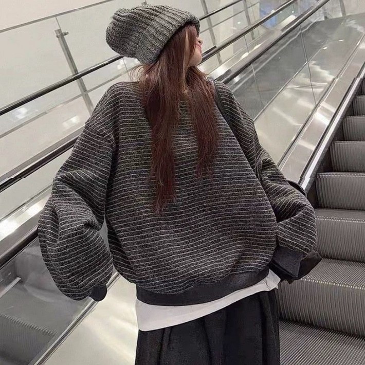 프리미엄 여성 레트로 컬러 스트라이프 맨투맨 여성용 캐주얼 상의