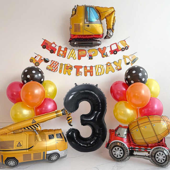 파티몬 중장비 생일 파티 용품 풍선 꾸미기 포크레인 자동차 소품 가랜드, 1개, 중장비 가랜드 생일 파티  숫자 풍선 3