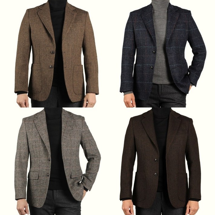 브랜드라인 헤링본체크 울 80 남자 가을 겨울 정장 콤비 자켓