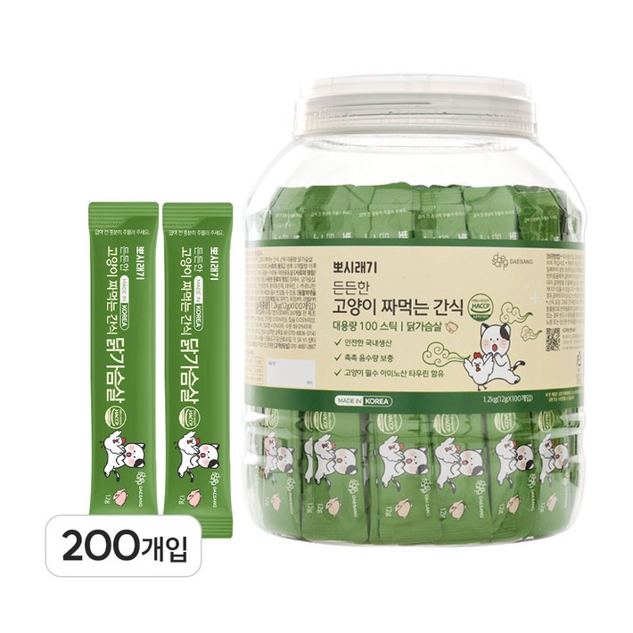 뽀시래기 든든한 고양이 짜먹는 간식 스틱 대용량, 닭가슴살, 12g, 200개