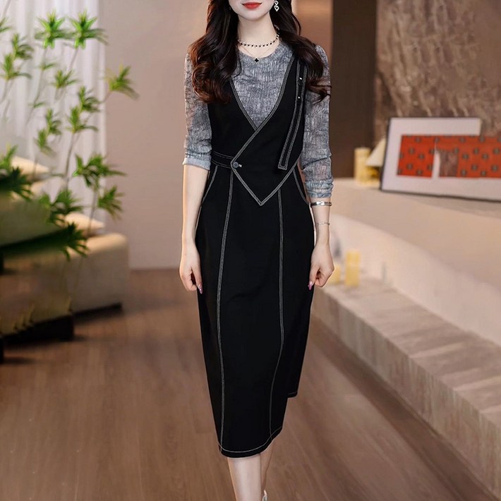 POMTOR 봄가을 여성 슬림핏 톱스티치 긴팔 원피스 패이크 투피스 하객룩