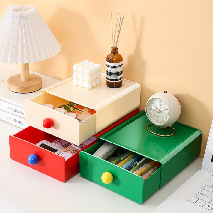 데스코 디자인 다용도 책상 정리함 문구 화장품 수납함 사무실 오거나이저 3단 구성, 1개, 그린아이보리레드