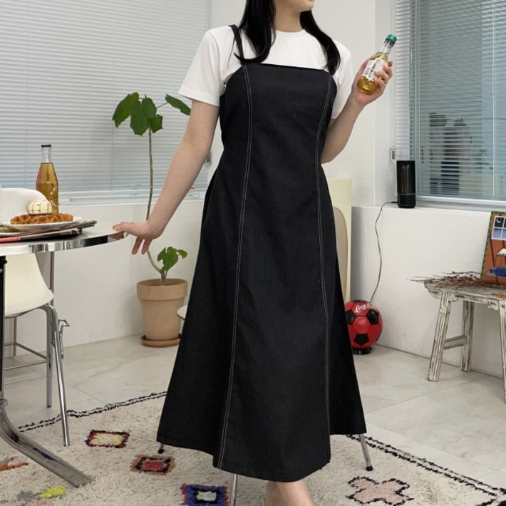 여행룩데이트룩꾸안꾸2COLOR더블끈 스티치 데님 뷔스티에 A라인 허리끈 나시 롱 원피스