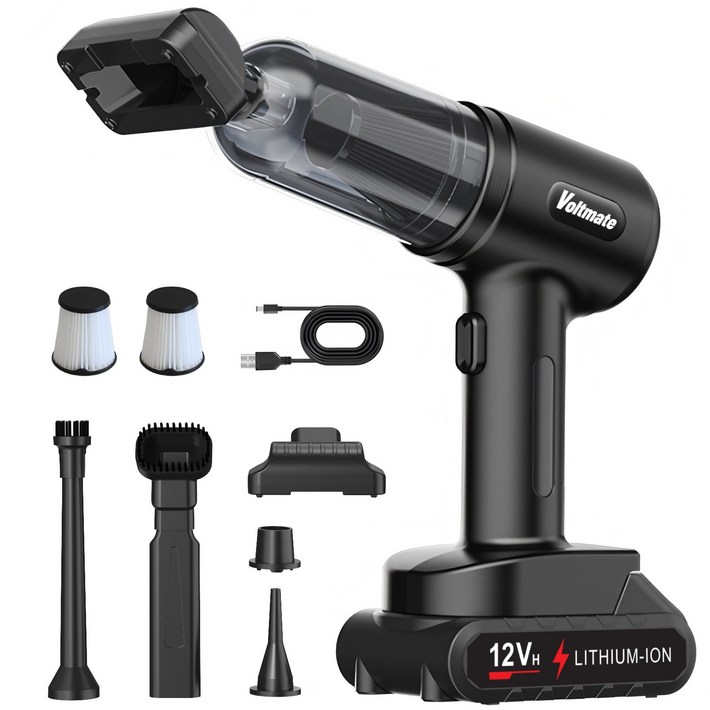 Voltmate 16000Pa 2단 조절 BLDC 강력 무선 리튬 배터리 핸디 차량용 청소기 LED 조명 배터리 잔량 표시 TypeC 포트, 블랙, VC033