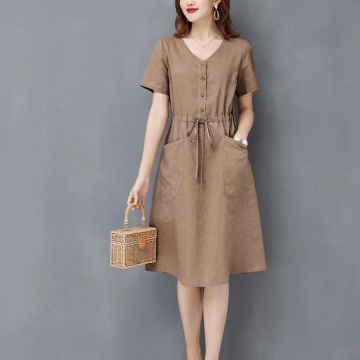 ANYOU 여성 여름원피스 반팔 하객 루즈핏 미디원피스 휴양지 브이넥 빅사이즈원피스