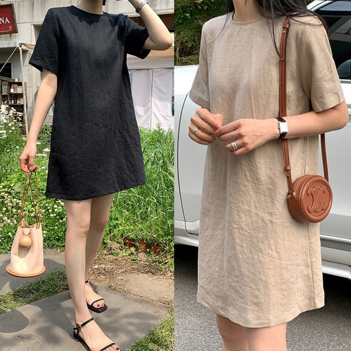 린넨 무지 라운드 마 반팔 미니원피스
