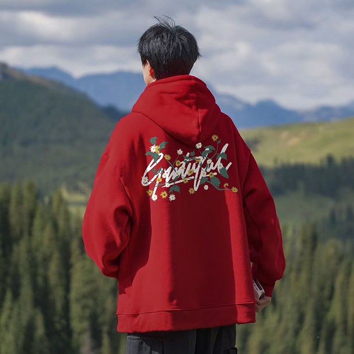 AOKADA 남녀공용 후드 맨투맨 레터링 플라워 프린팅 오버핏 후드티 봄 가을 트레이닝 츄리닝