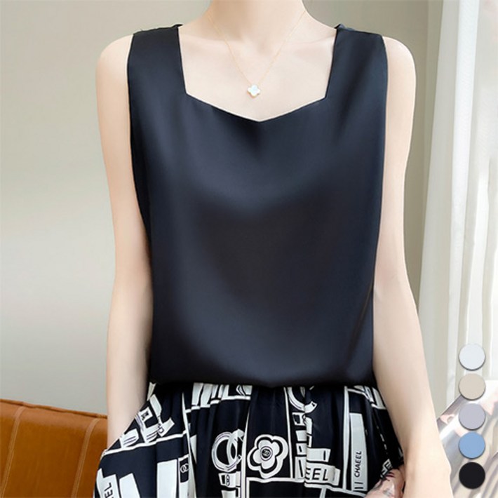 디커스텀 여성용 여름 실크 스퀘어넥 새틴 민소매 나시