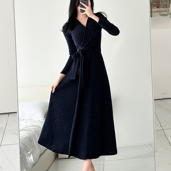 글램디브 히젤르AA0364 브이넥 랩 겉기모 롱원피스 여성원피스 데일리룩 여리여리