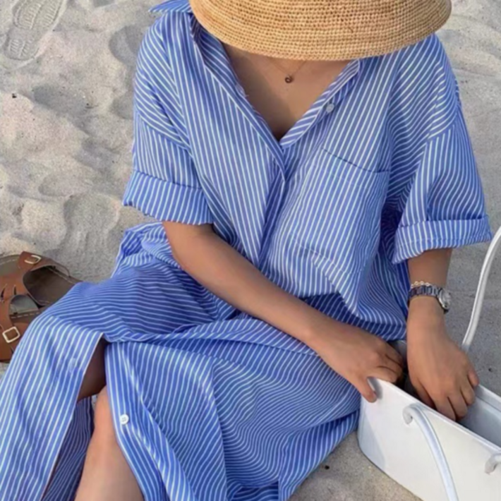 토도샵 스트라이프 셔츠 반팔 오버핏 롱 원피스 여성 맘룩 임산부 임부복 중년 휴가룩